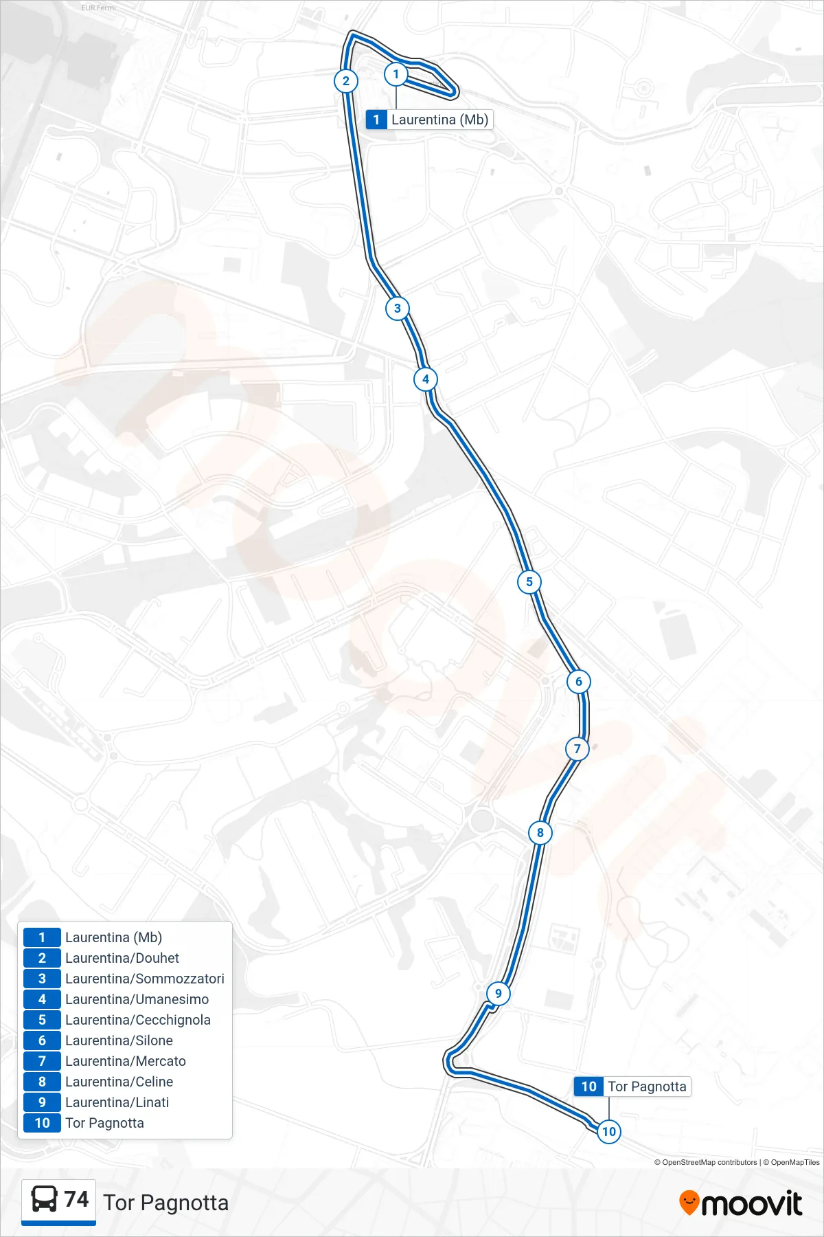 Linea 74 bus (Tor Pagnotta) - Percorsi e fermate sulla mappa