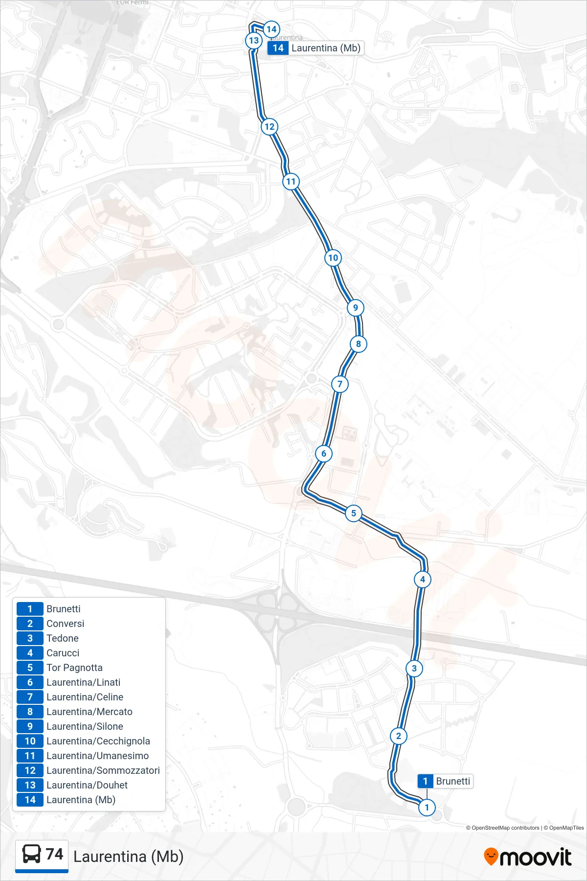 Linea 74 bus (Laurentina (Mb)) - Percorsi e fermate sulla mappa