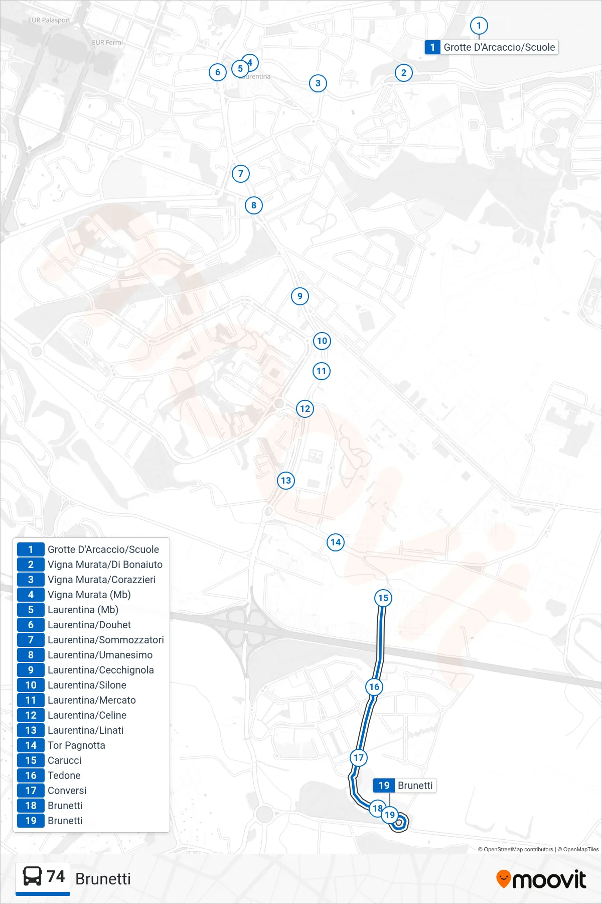 Linea 74 bus (Brunetti) - Percorsi e fermate sulla mappa