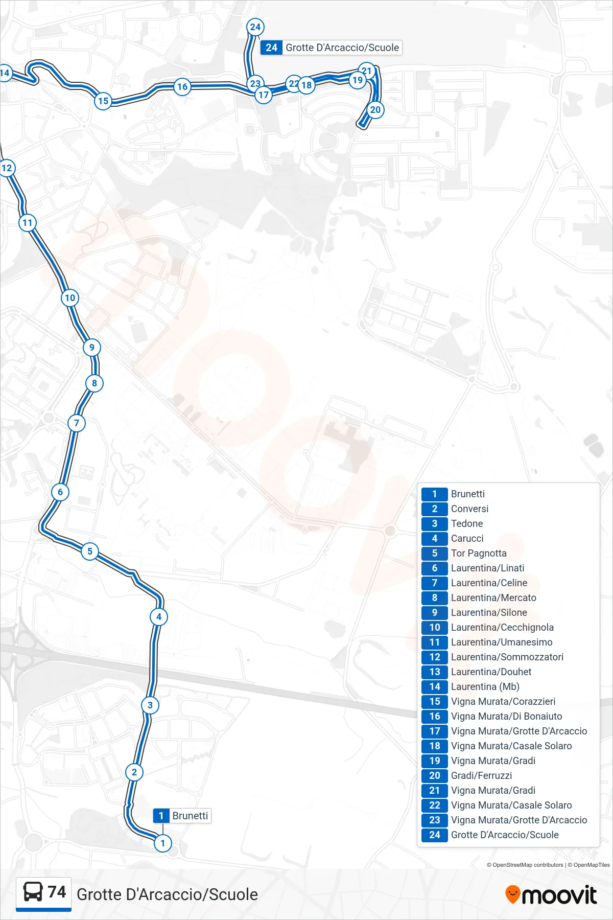 Linea 74 bus (Grotte D'Arcaccio/Scuole) - Percorsi e fermate sulla mappa
