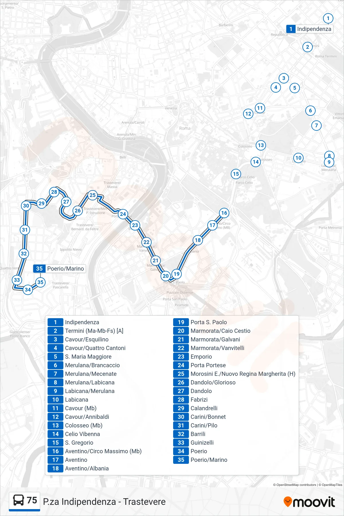Linea 75 bus (Poerio/Marino) - Percorsi e fermate sulla mappa