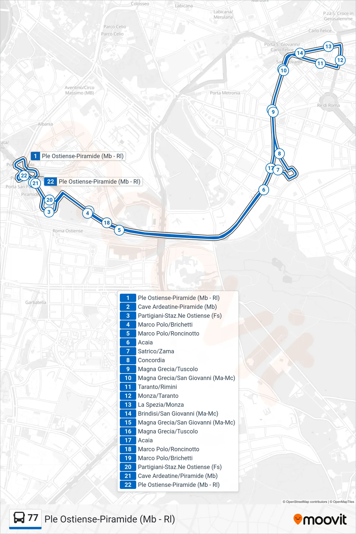 Linea 77 bus (Ple Ostiense-Piramide (Mb - Rl)) - Percorsi e fermate sulla mappa