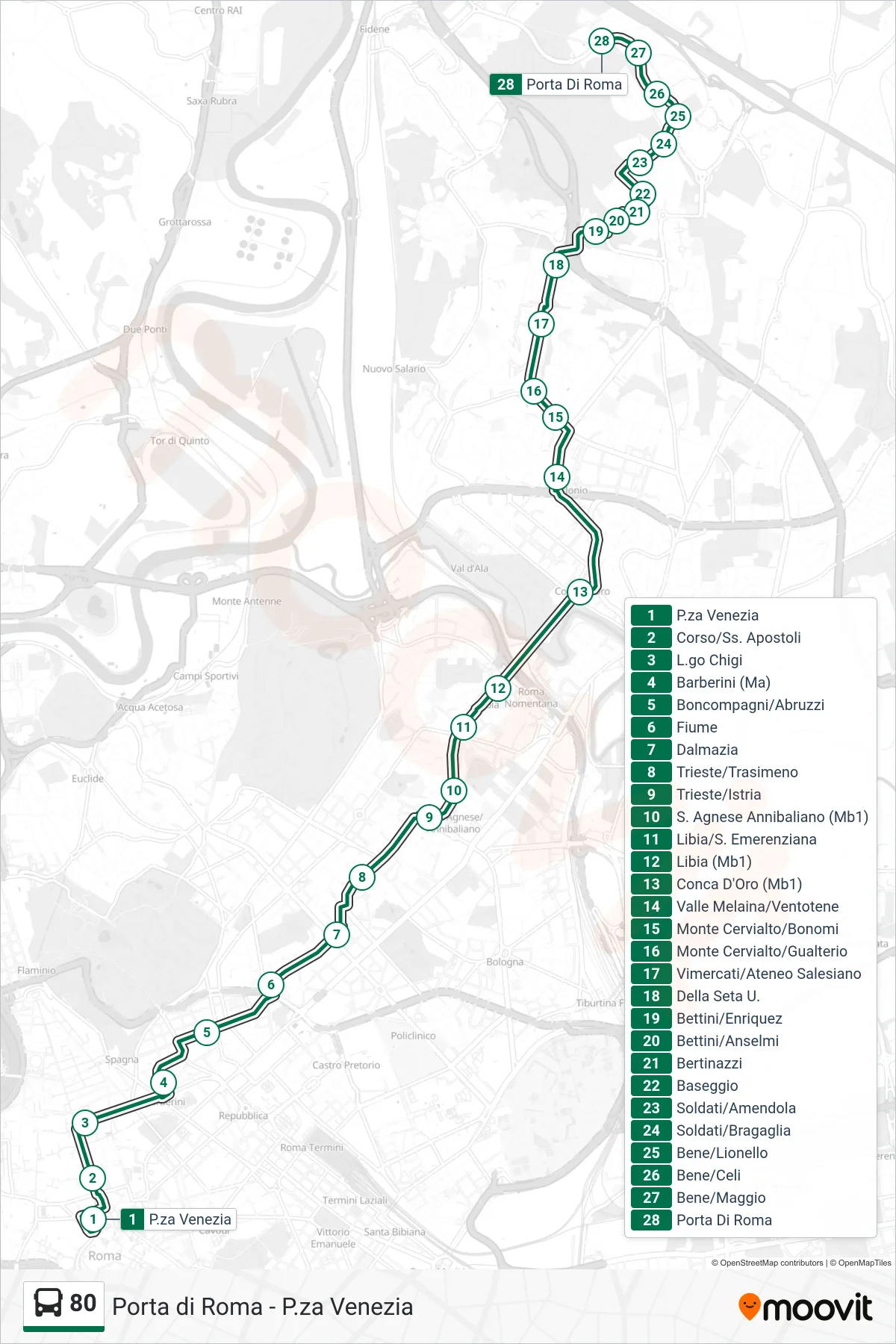 80 bus Line (Porta Di Roma) route and stops on a map
