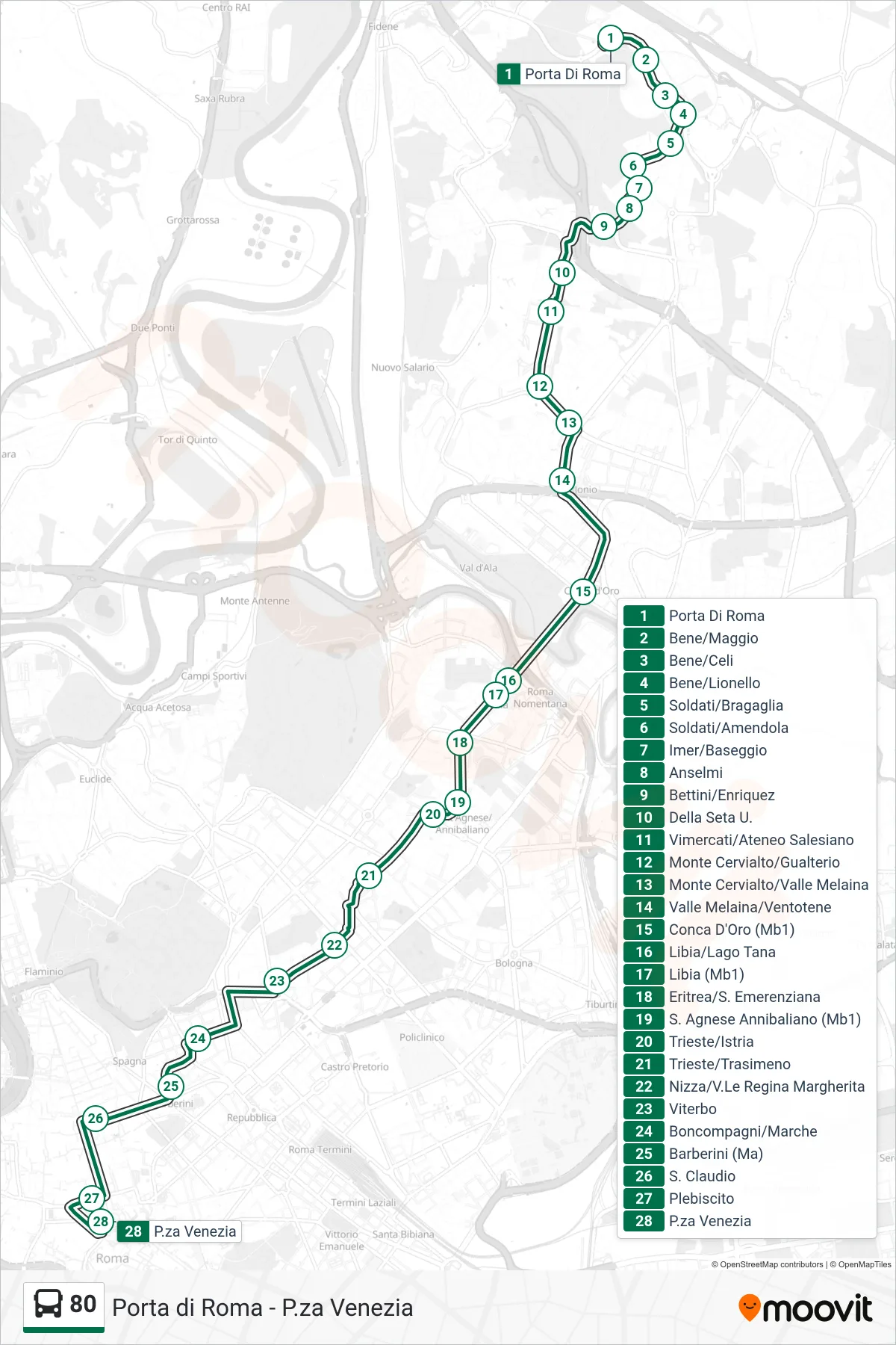 Linea 80 bus (P.za Venezia) - Percorsi e fermate sulla mappa
