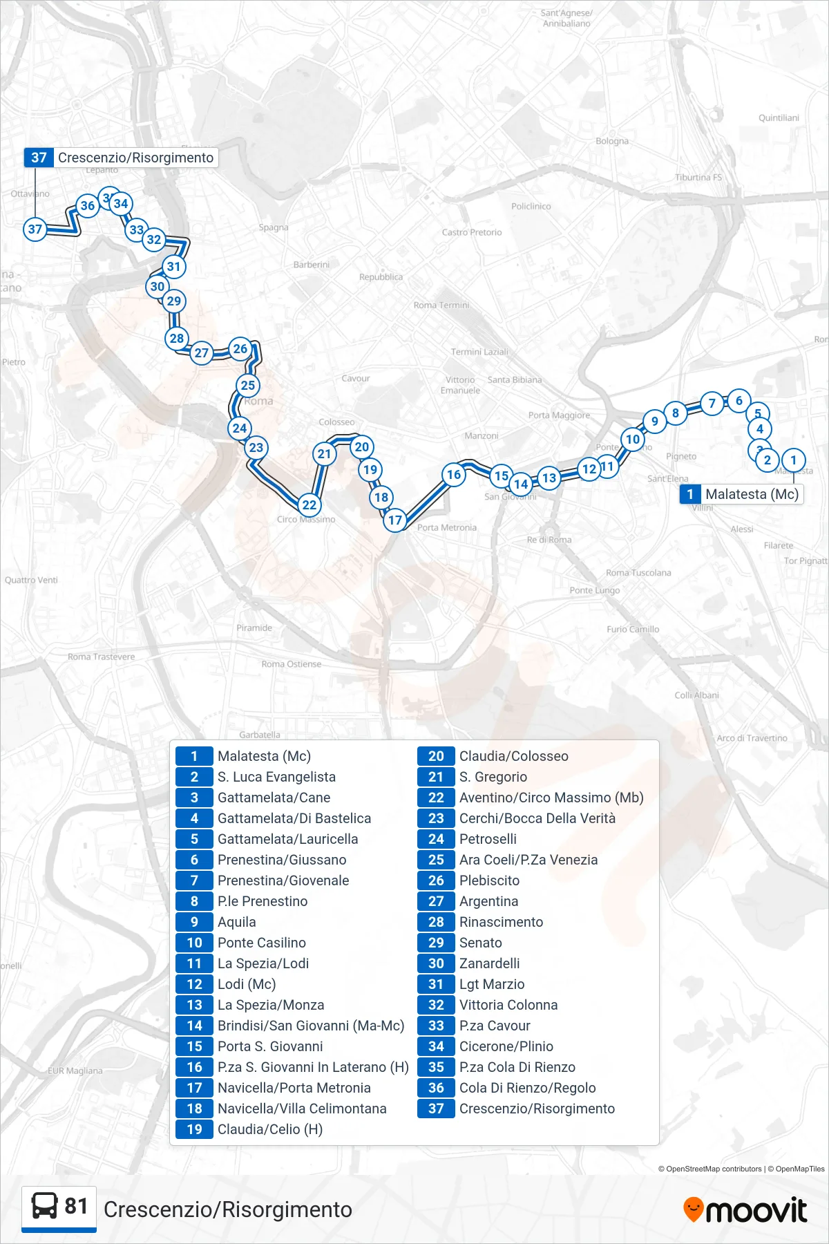 Linea 81 bus (Crescenzio/Risorgimento) - Percorsi e fermate sulla mappa