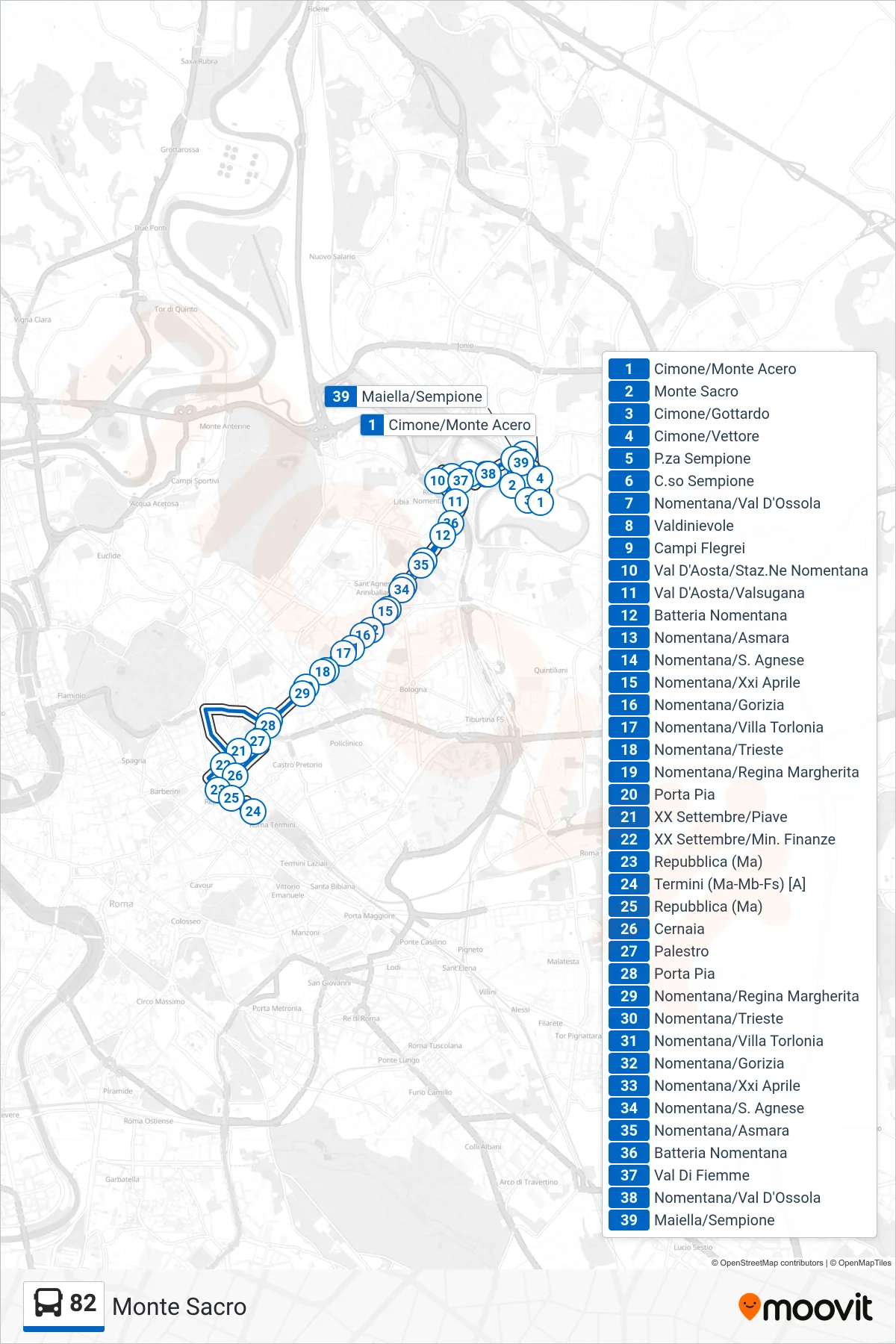 Linea 82 bus (Monte Sacro) - Percorsi e fermate sulla mappa