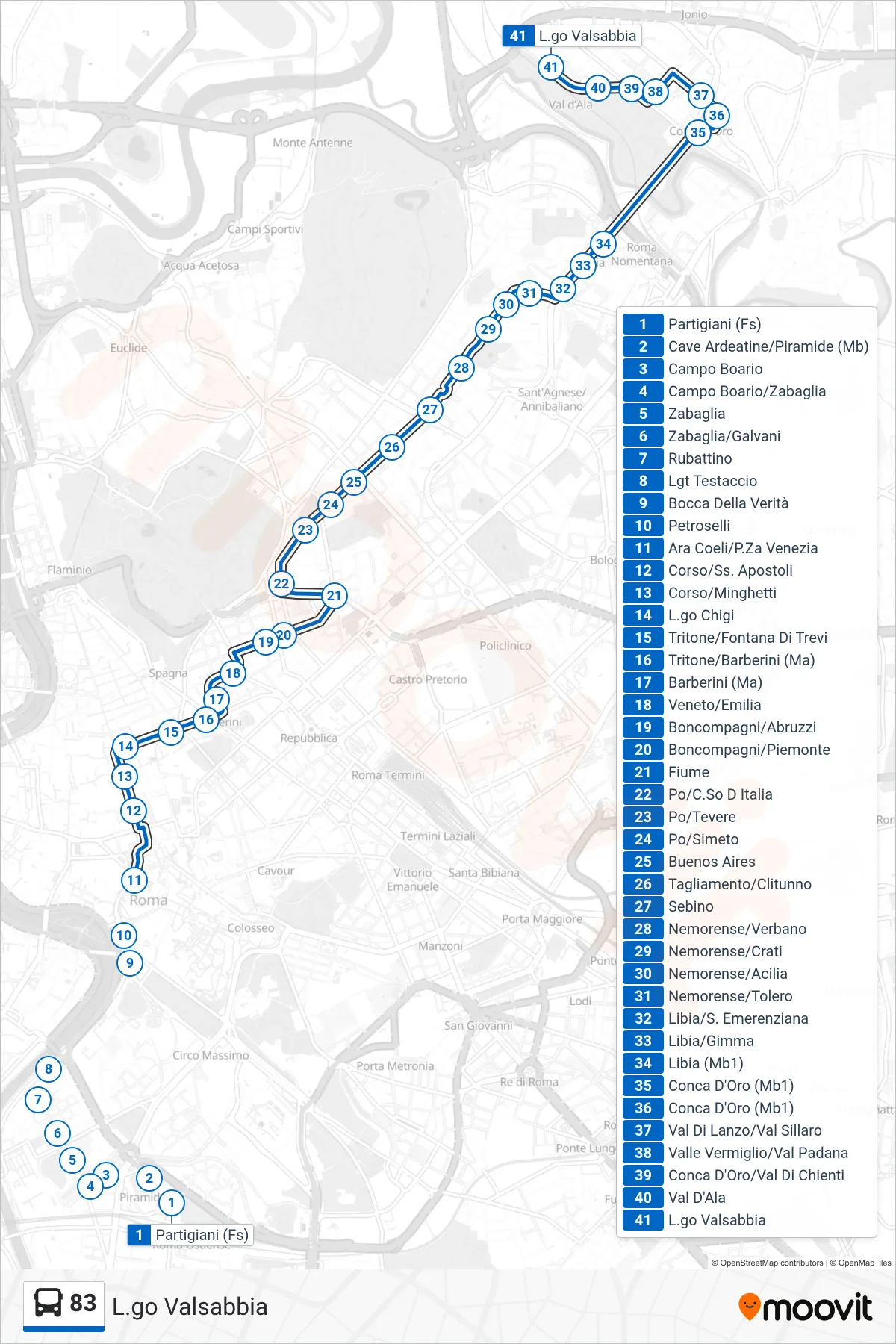 Linea 83 bus (L.go Valsabbia) - Percorsi e fermate sulla mappa