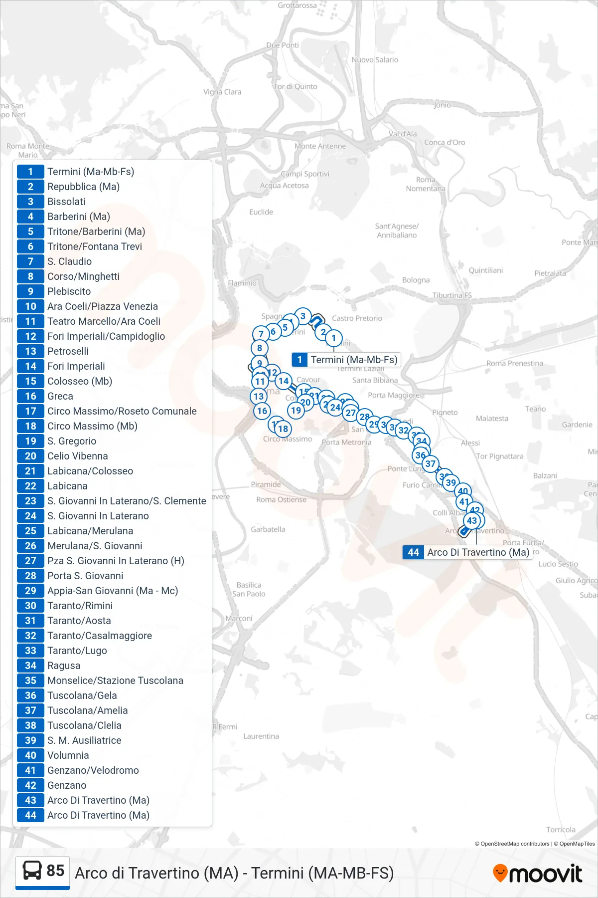 Linea 85 bus (Arco Di Travertino (Ma)) - Percorsi e fermate sulla mappa