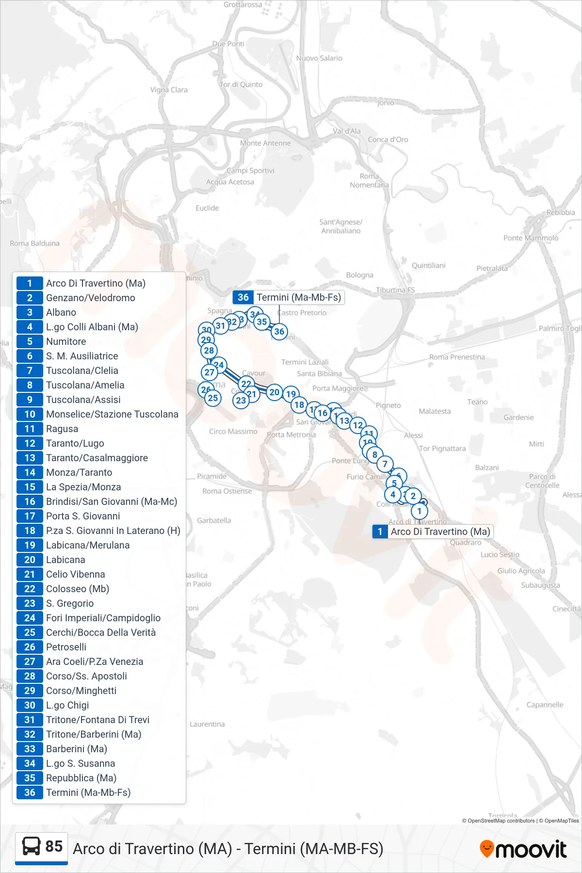 Linea 85 bus (Termini (Ma-Mb-Fs)) - Percorsi e fermate sulla mappa