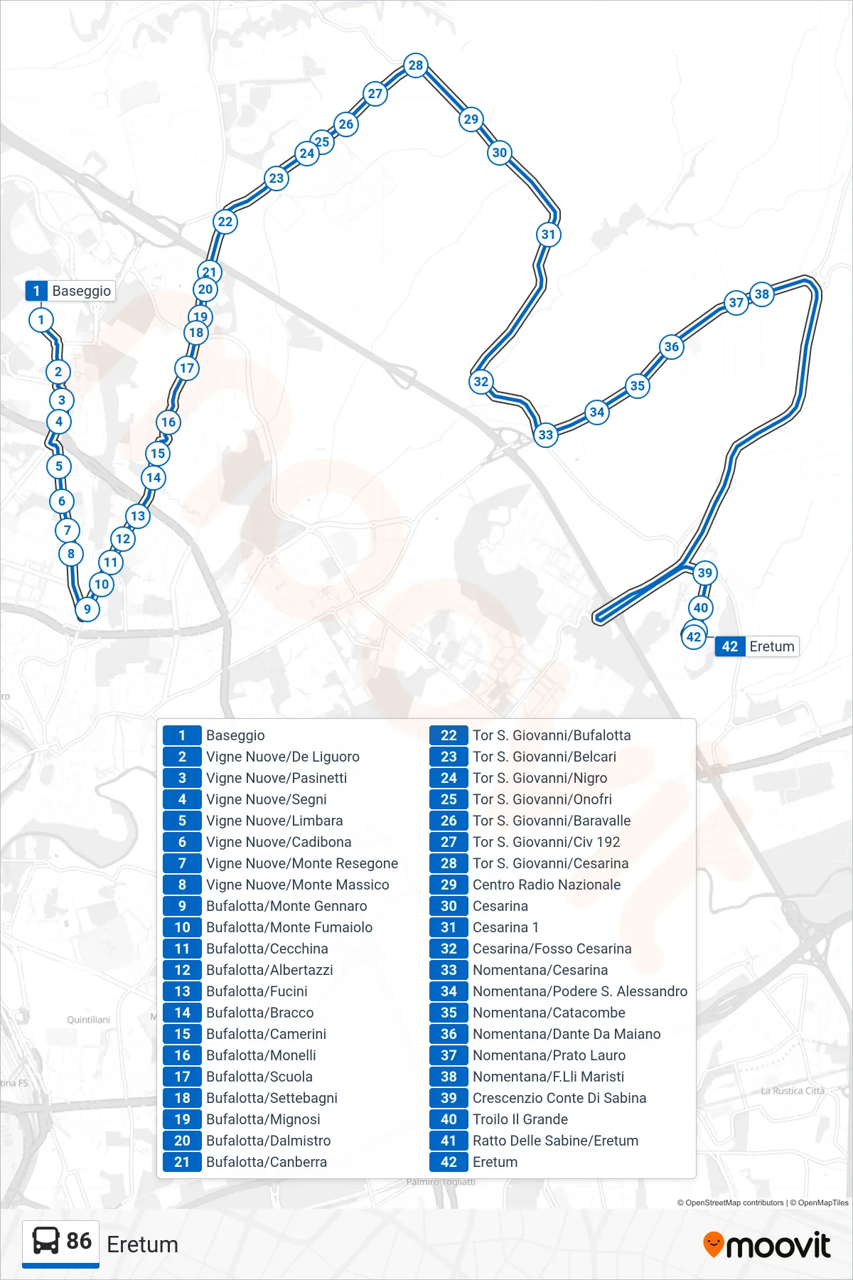 Linea 86 bus (Eretum) - Percorsi e fermate sulla mappa