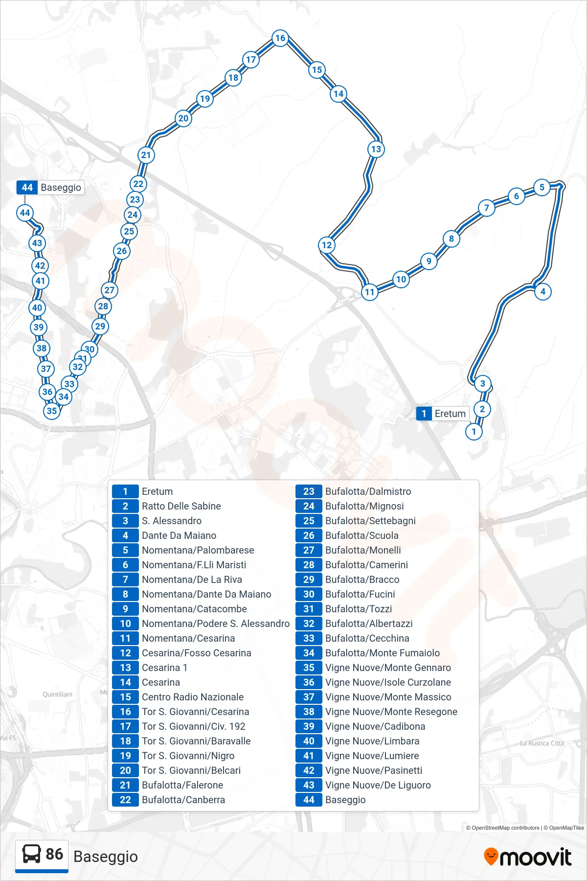 Linea 86 bus (Baseggio) - Percorsi e fermate sulla mappa