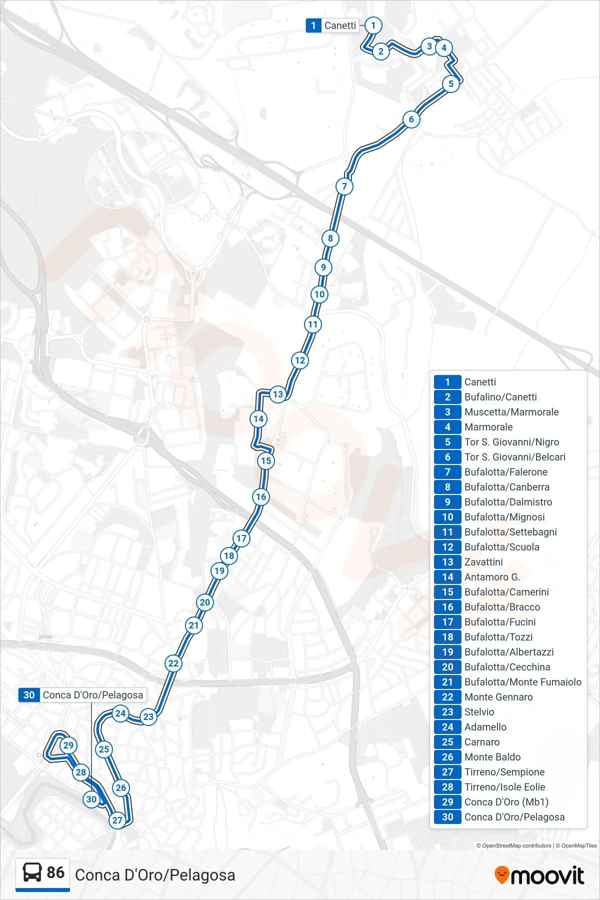 Linea 86 bus (Conca D'Oro/Pelagosa) - Percorsi e fermate sulla mappa
