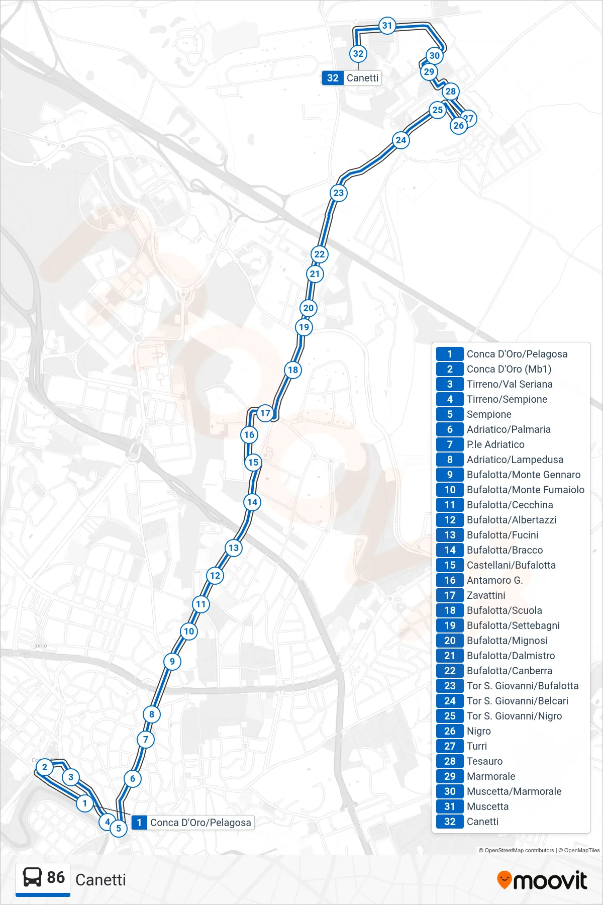 86 bus Line (Canetti) route and stops on a map