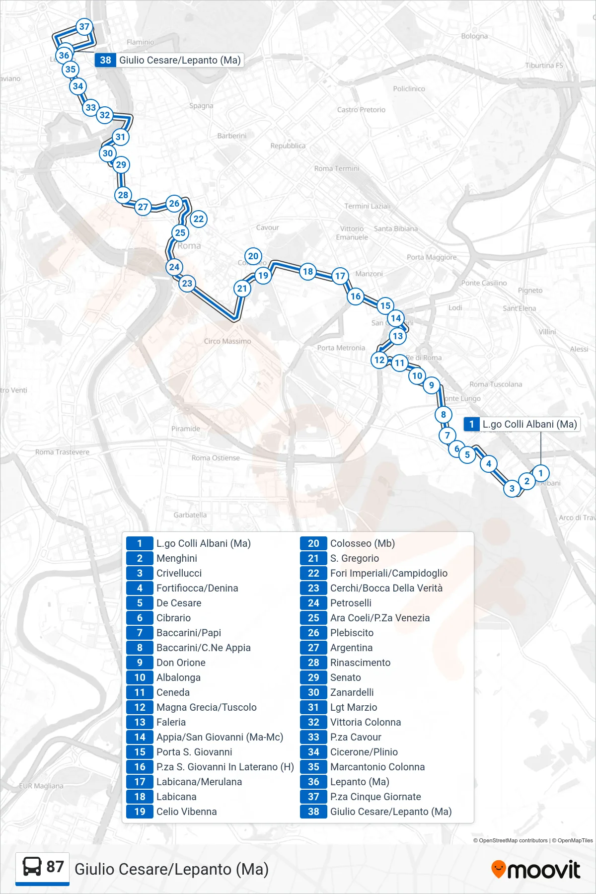 Linea 87 bus (Giulio Cesare/Lepanto (Ma)) - Percorsi e fermate sulla mappa