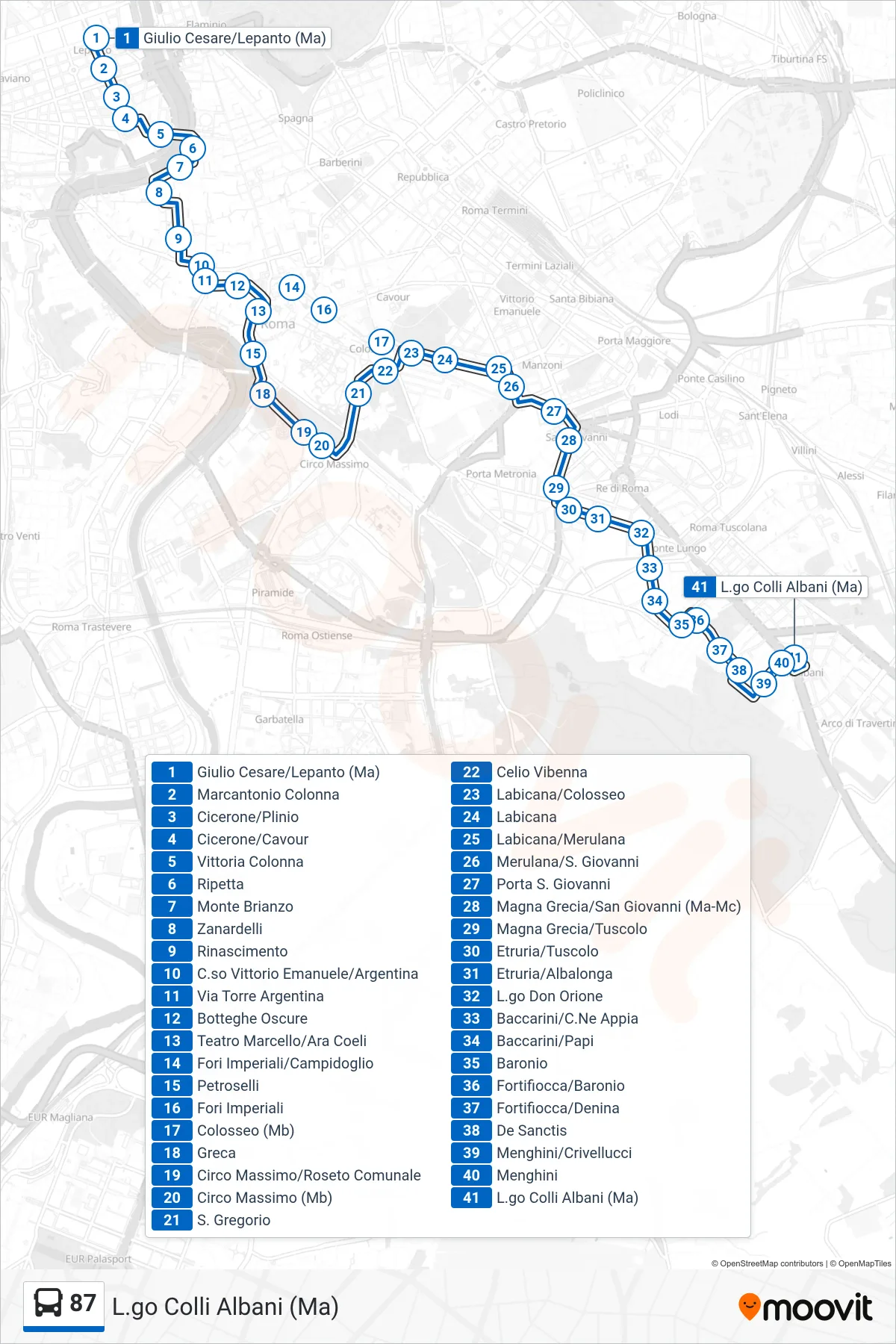 Linea 87 bus (L.go Colli Albani (Ma)) - Percorsi e fermate sulla mappa