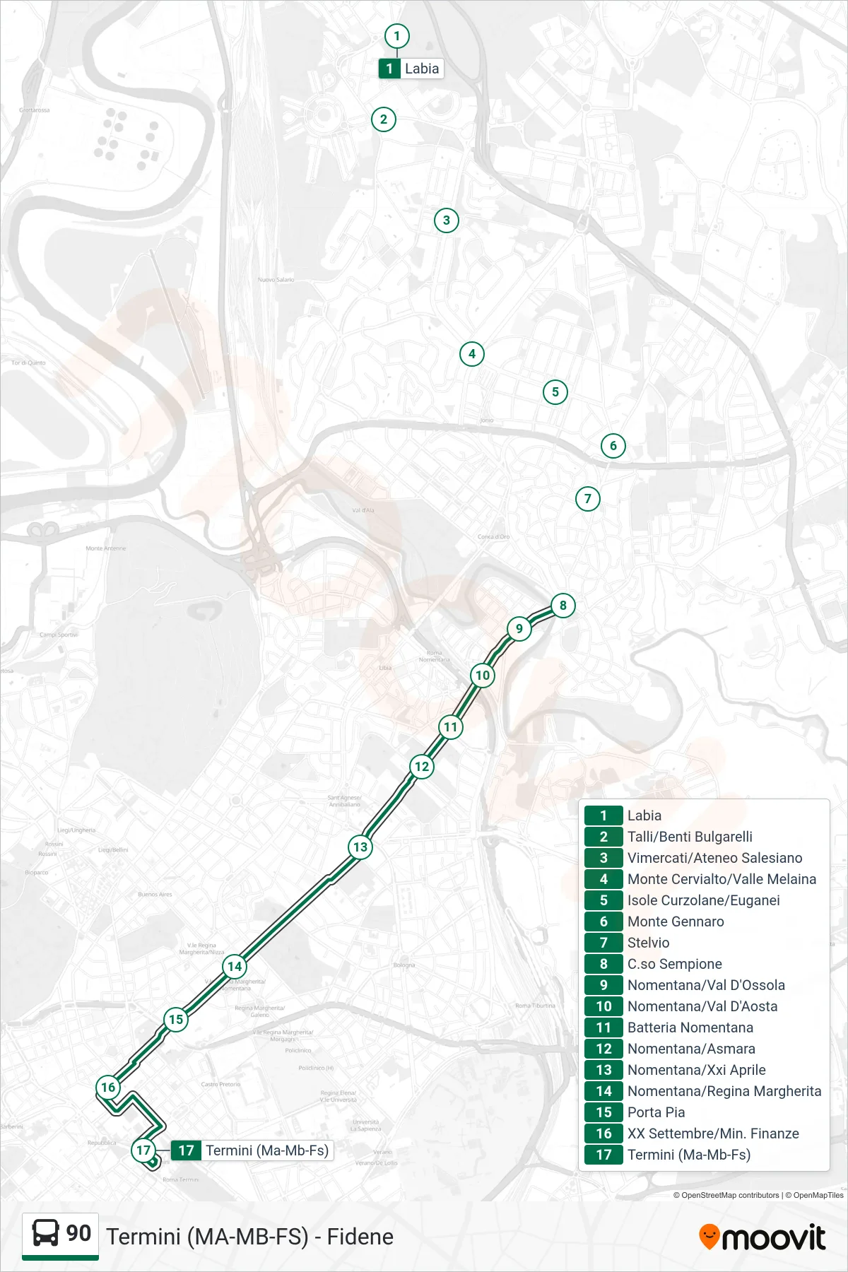 Linea 90 bus (Termini (Ma-Mb-Fs)) - Percorsi e fermate sulla mappa