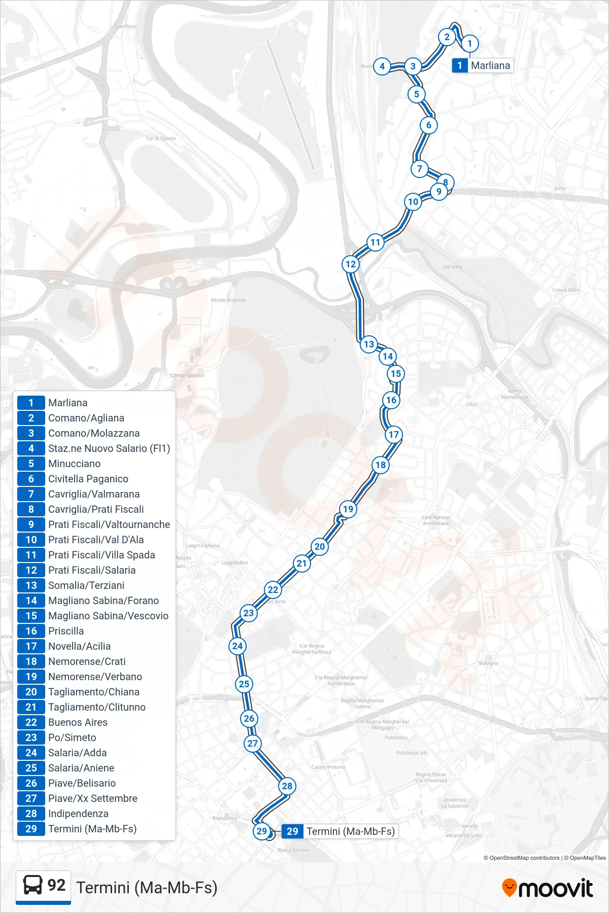 Linea 92 bus (Termini (Ma-Mb-Fs)) - Percorsi e fermate sulla mappa