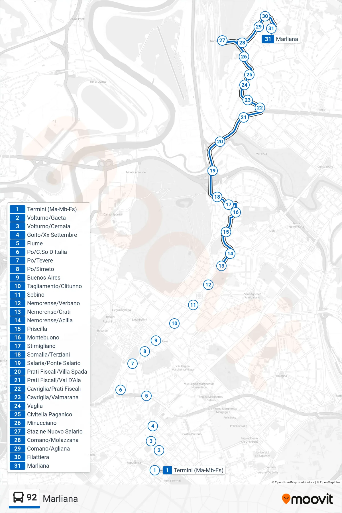 Linea 92 bus (Marliana) - Percorsi e fermate sulla mappa