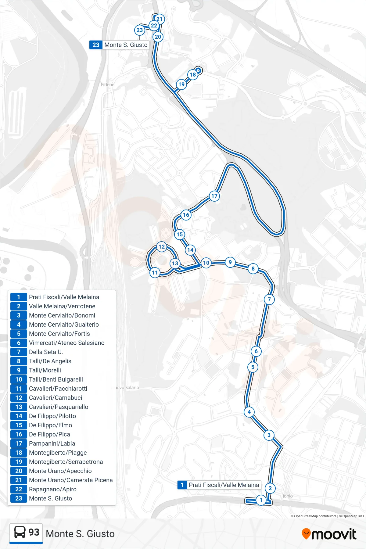 Linea 93 bus (Monte S. Giusto) - Percorsi e fermate sulla mappa