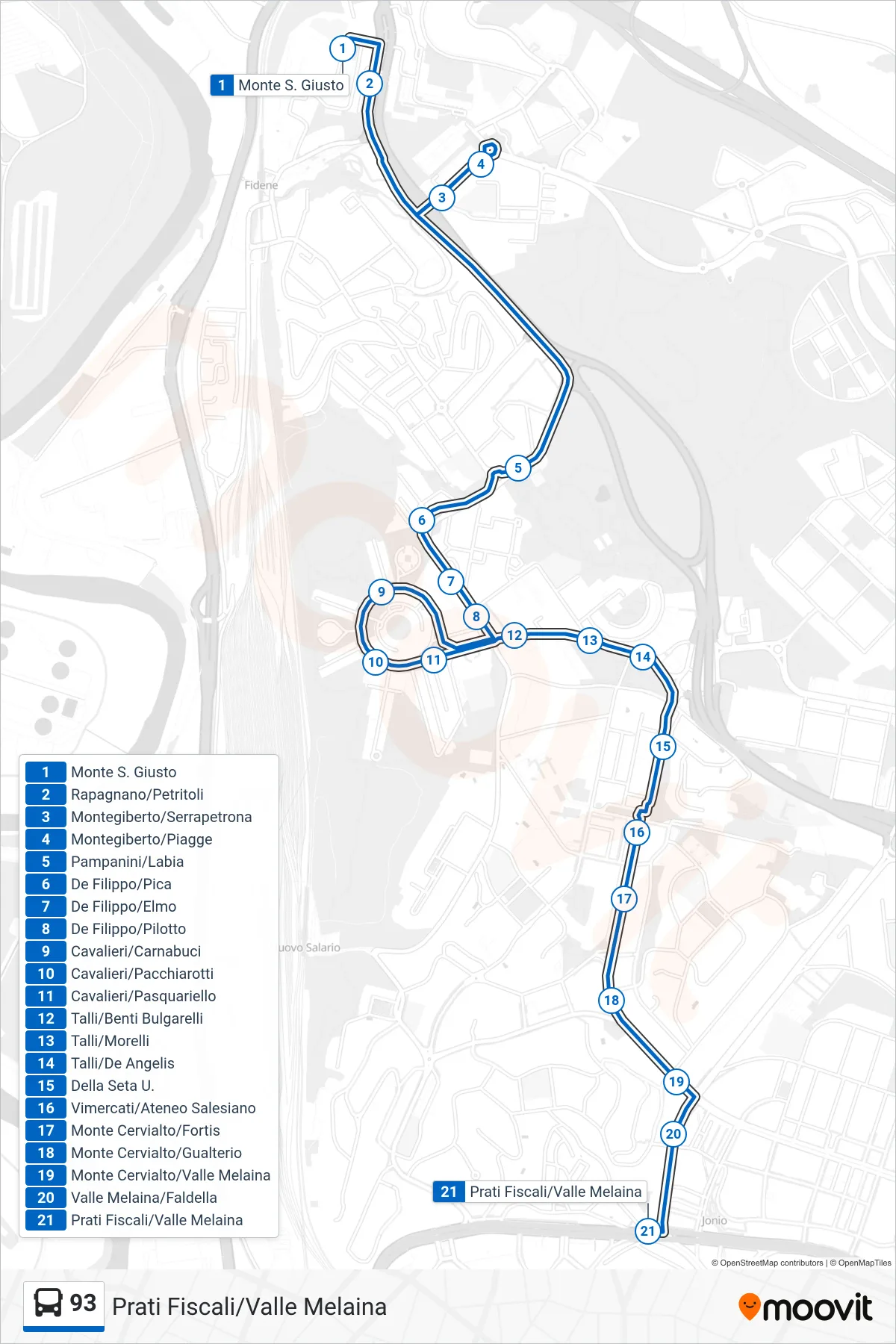 Linea 93 bus (Prati Fiscali/Valle Melaina) - Percorsi e fermate sulla mappa