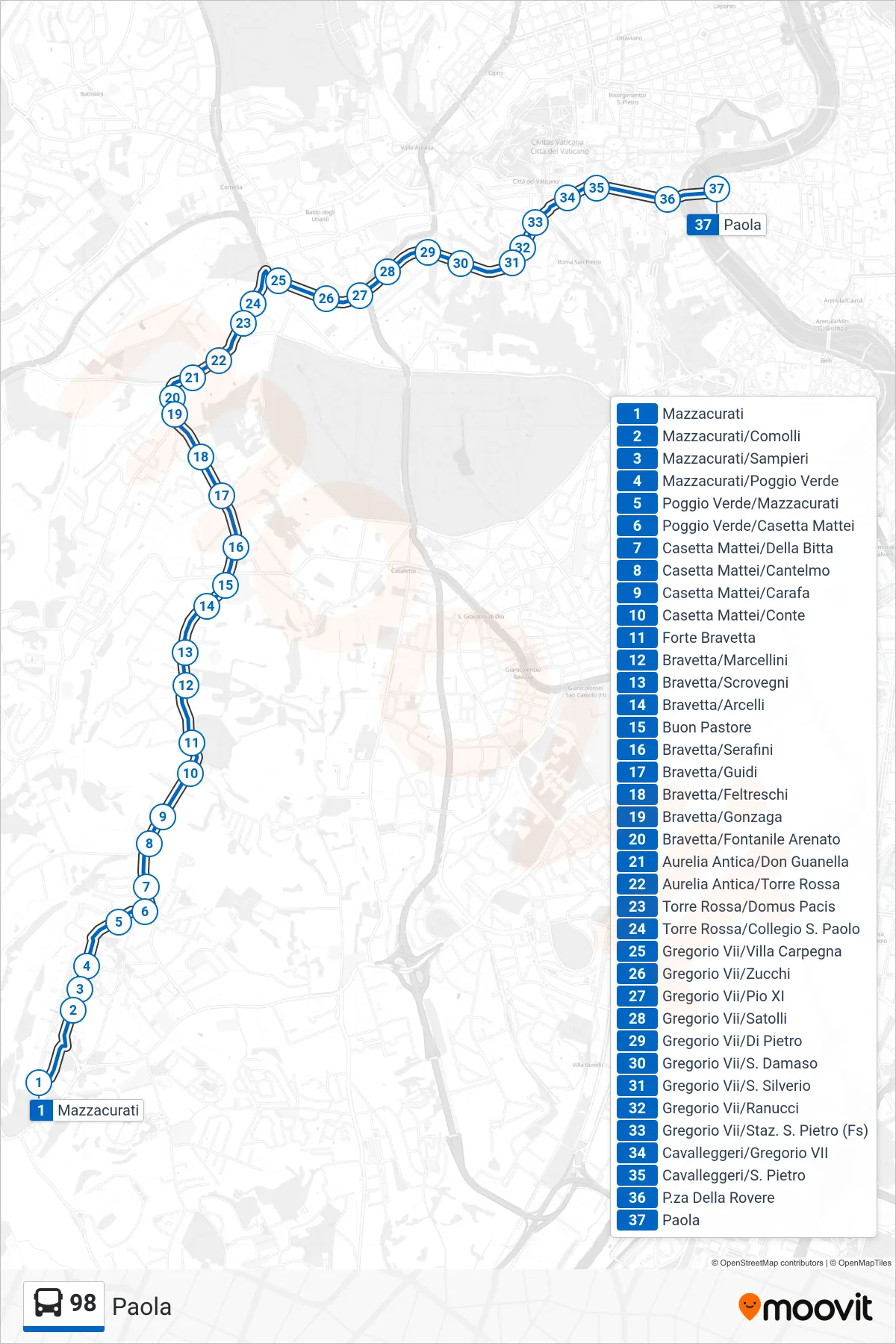 Linea 98 bus (Paola) - Percorsi e fermate sulla mappa