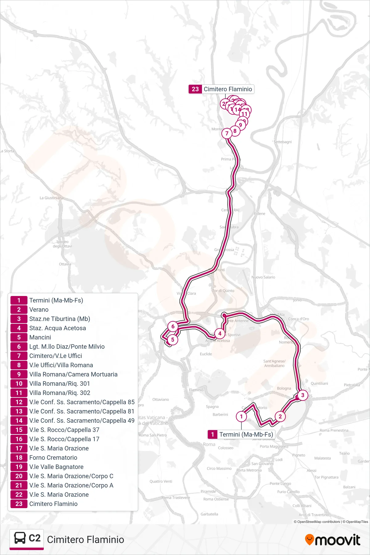Linea C2 bus (Cimitero Flaminio) - Percorsi e fermate sulla mappa
