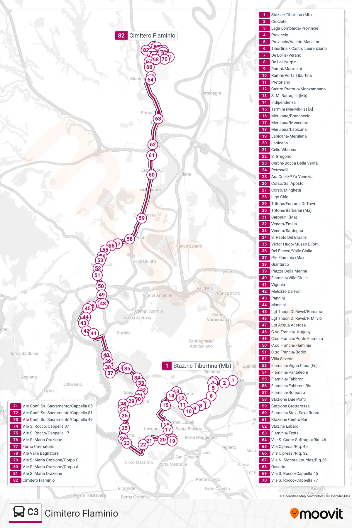 Linea C3 bus (Cimitero Flaminio) - Percorsi e fermate sulla mappa