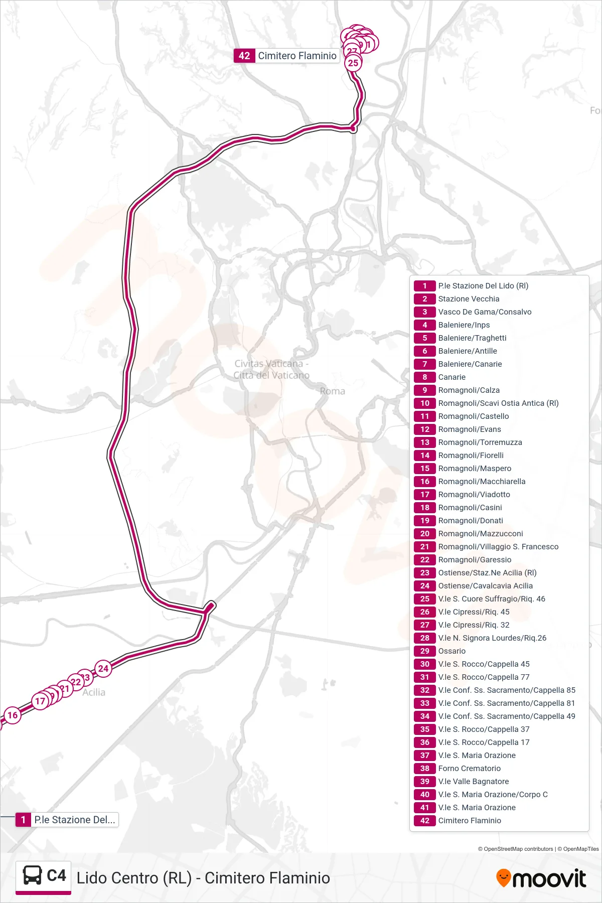 Linea C4 bus (Cimitero Flaminio) - Percorsi e fermate sulla mappa