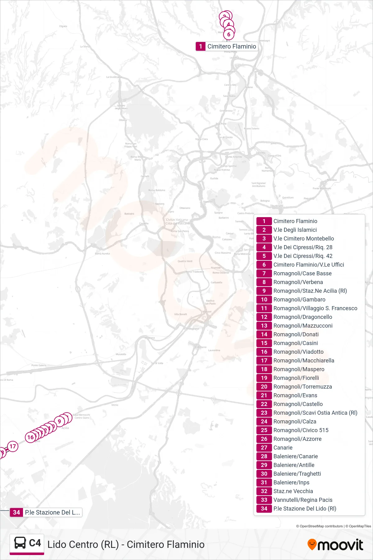 Linea C4 bus (P.le Stazione Del Lido (Rl)) - Percorsi e fermate sulla mappa
