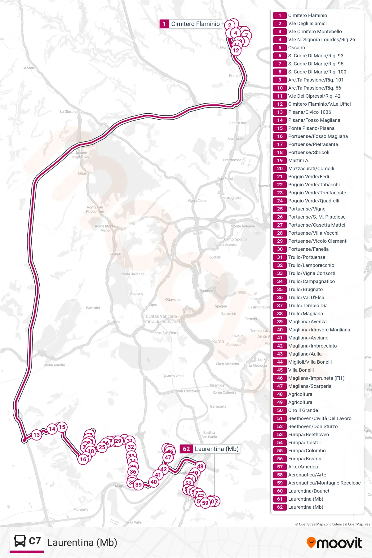 Linea C7 bus (Laurentina (Mb)) - Percorsi e fermate sulla mappa