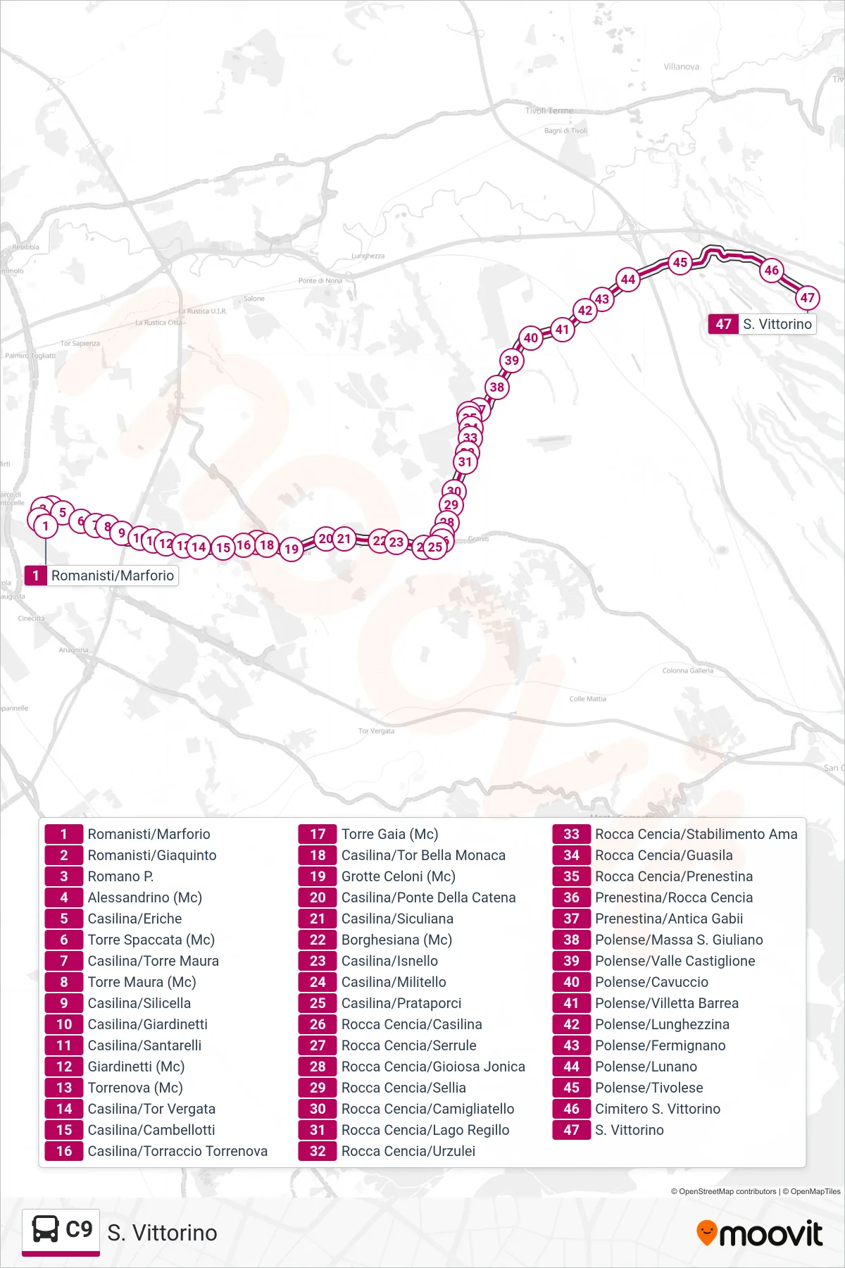 Linea C9 bus (S. Vittorino) - Percorsi e fermate sulla mappa