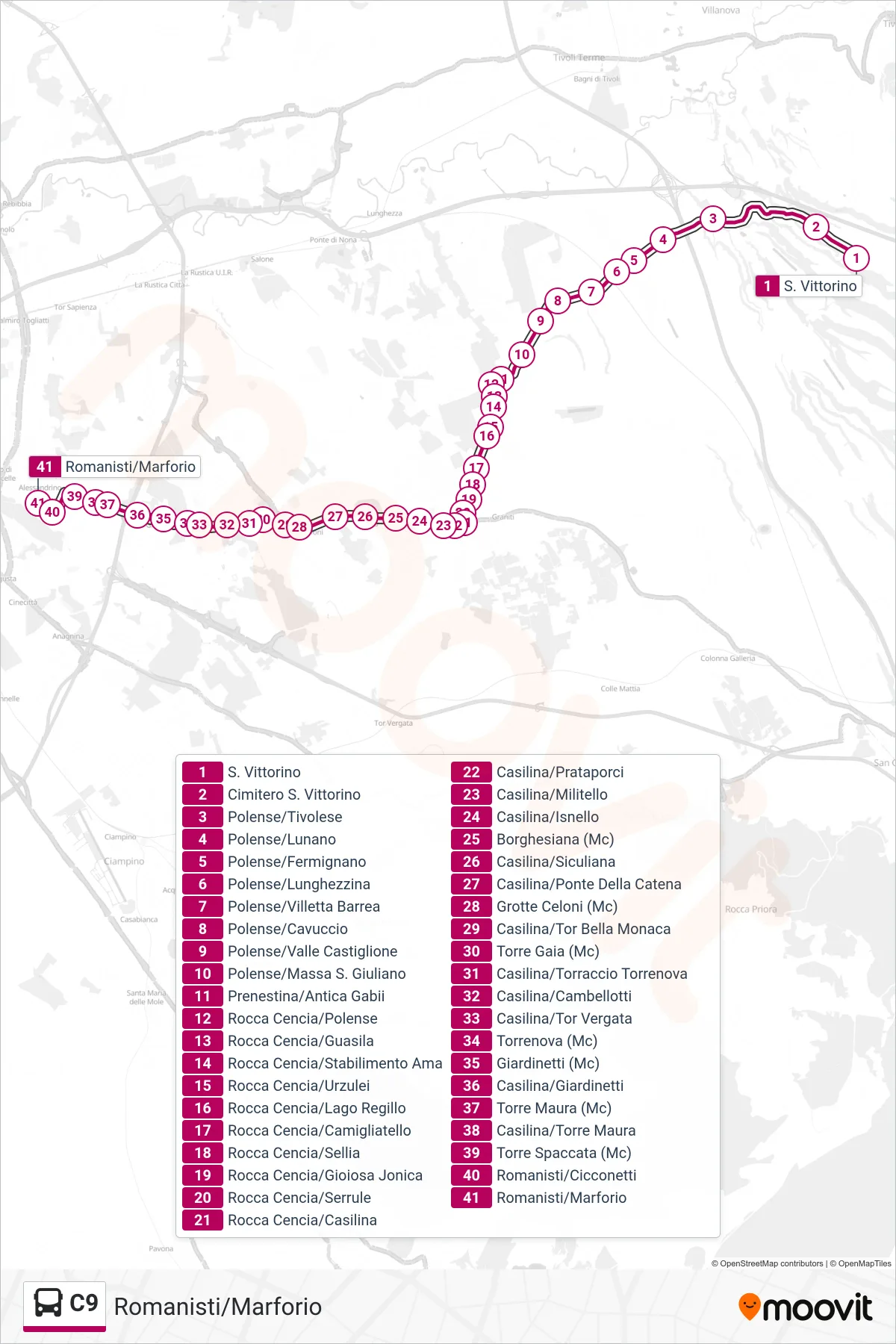 Linea C9 bus (Romanisti/Marforio) - Percorsi e fermate sulla mappa