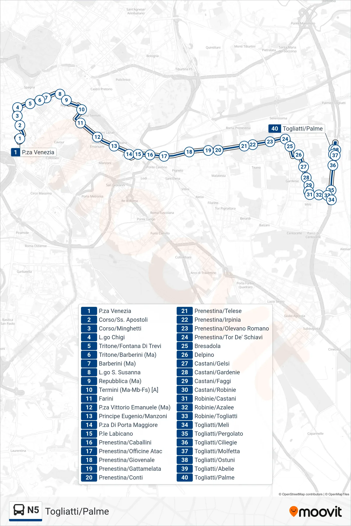 Linea N5 bus (Togliatti/Palme) - Percorsi e fermate sulla mappa