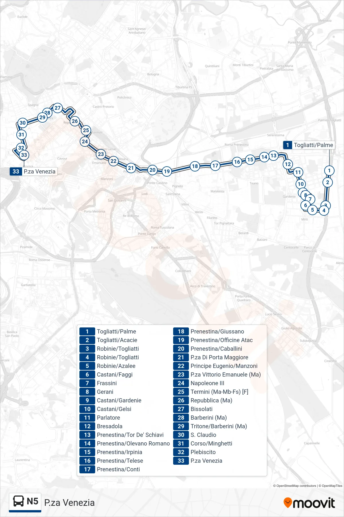 Linea N5 bus (P.za Venezia) - Percorsi e fermate sulla mappa