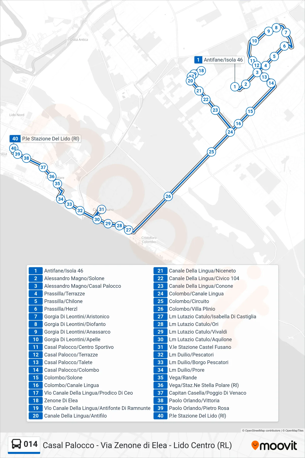 Linea 014 bus (P.le Stazione Del Lido (Rl)) - Percorsi e fermate sulla mappa