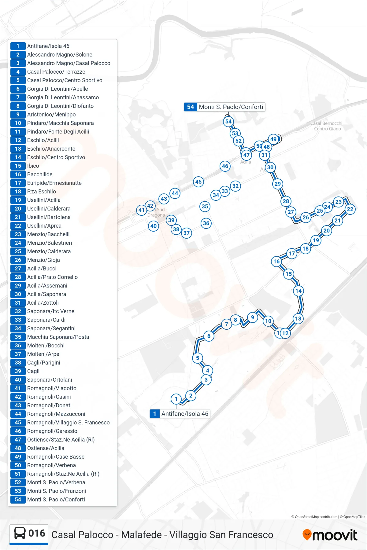 Linea 016 bus (Monti S. Paolo/Conforti) - Percorsi e fermate sulla mappa