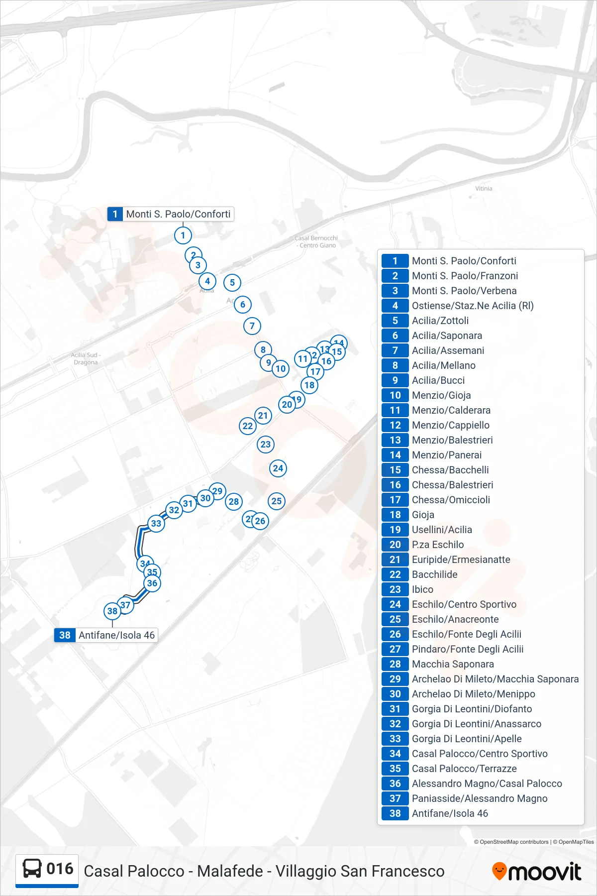 Linea 016 bus (Antifane/Isola 46) - Percorsi e fermate sulla mappa