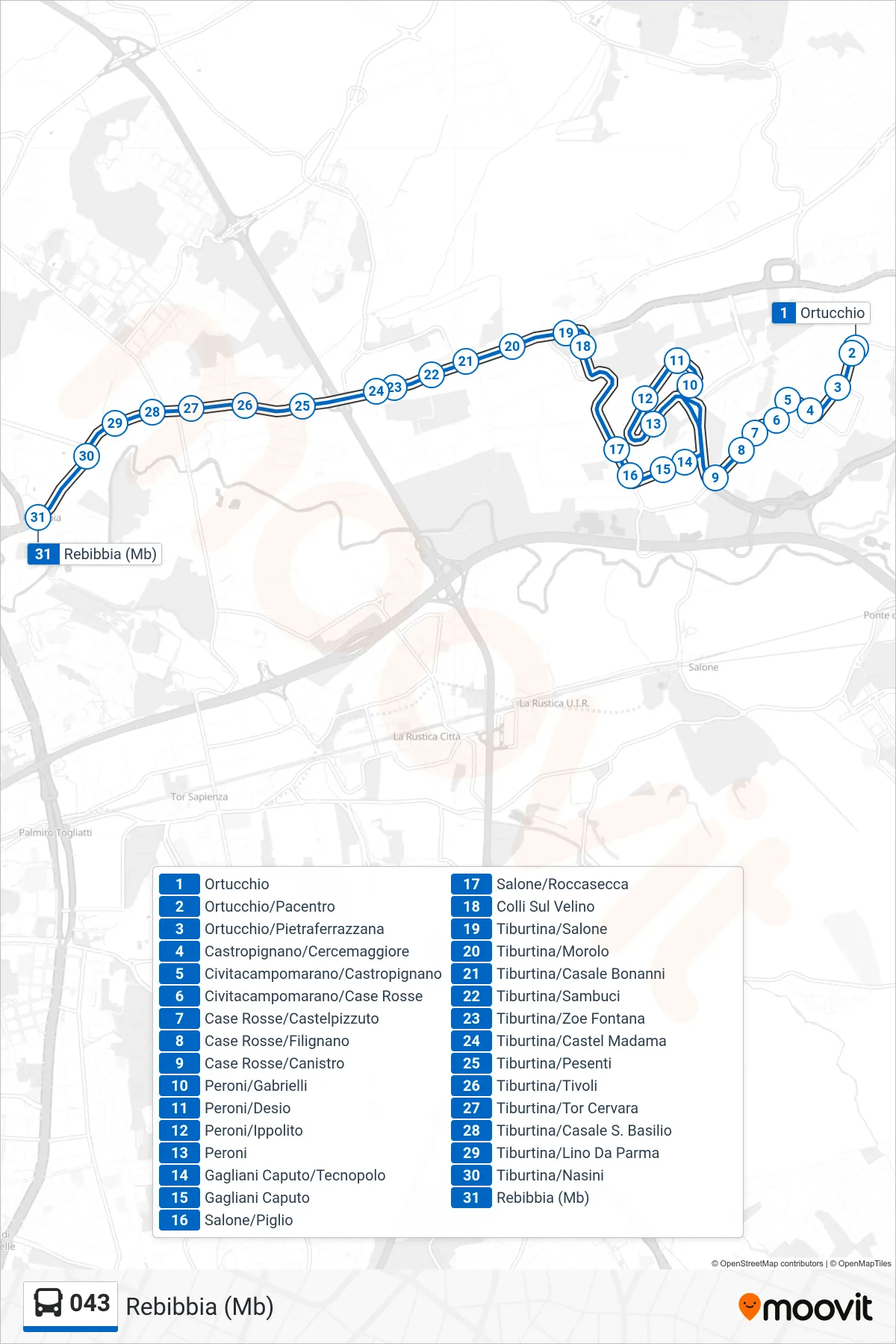 Linea 043  bus (Rebibbia (Mb)) - Percorsi e fermate sulla mappa