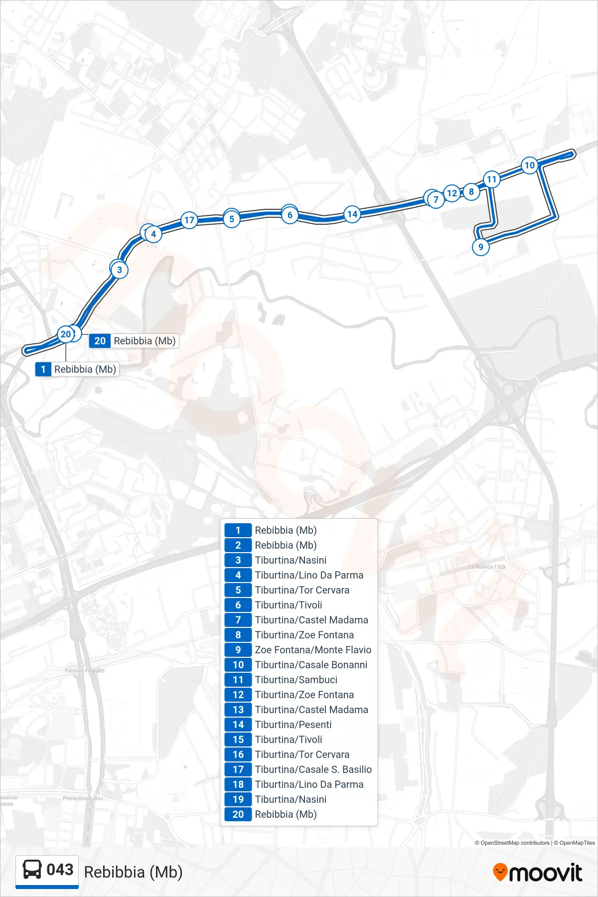 Linea 043 bus (Rebibbia (Mb)) - Percorsi e fermate sulla mappa