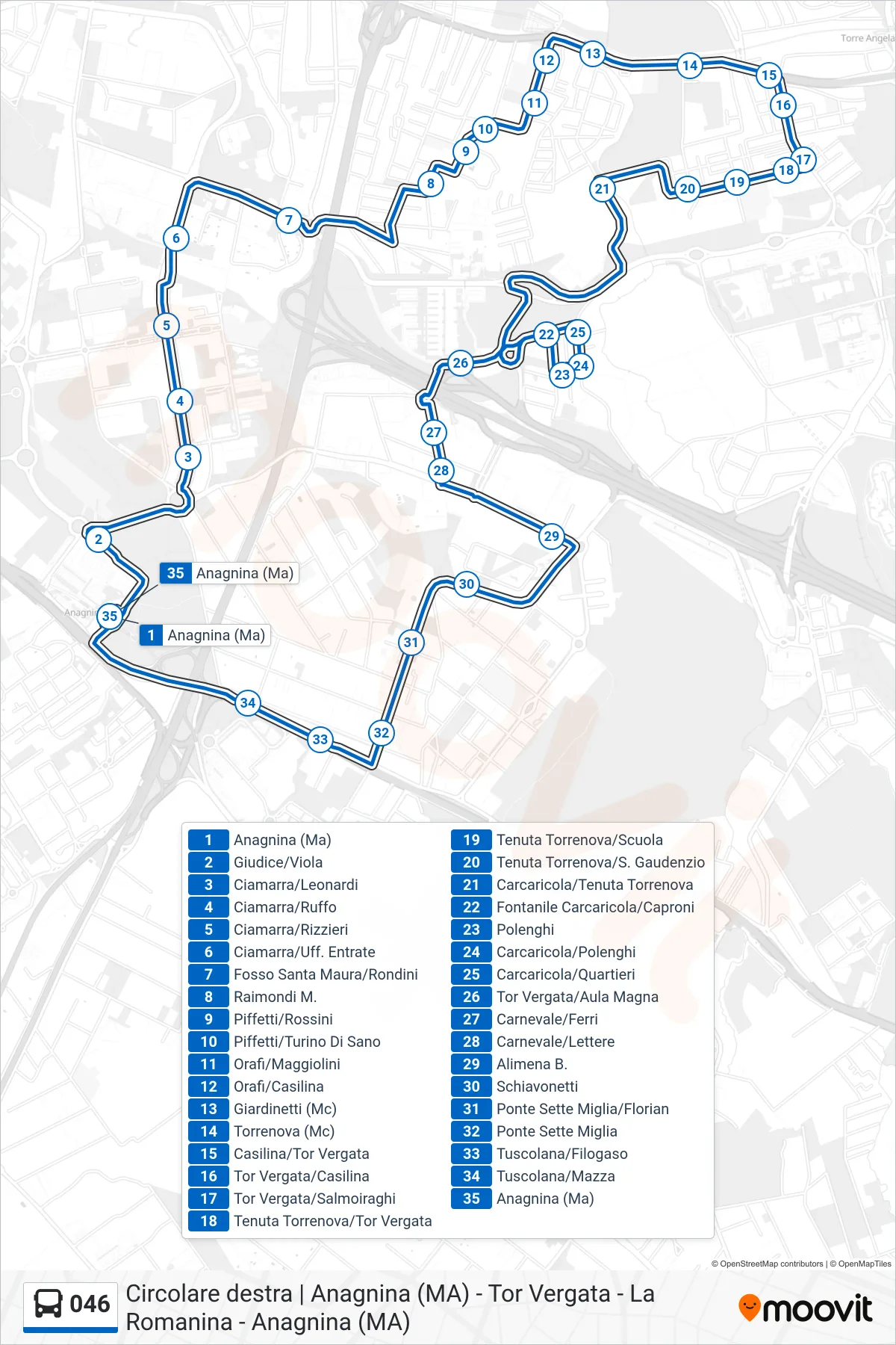 Linea 046 bus (Anagnina (Ma)) - Percorsi e fermate sulla mappa