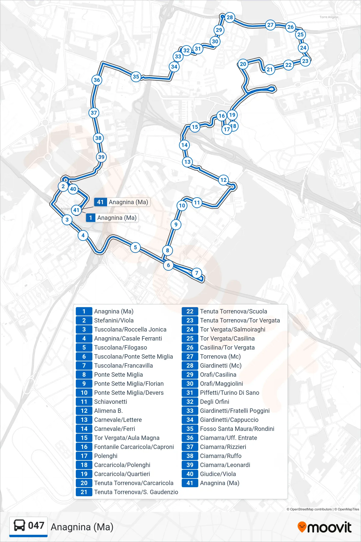 Linea 047 bus (Anagnina (Ma)) - Percorsi e fermate sulla mappa