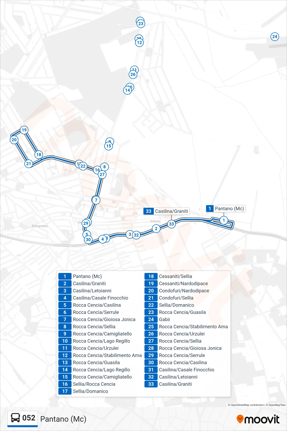 Linea 052  bus (Pantano (Mc)) - Percorsi e fermate sulla mappa