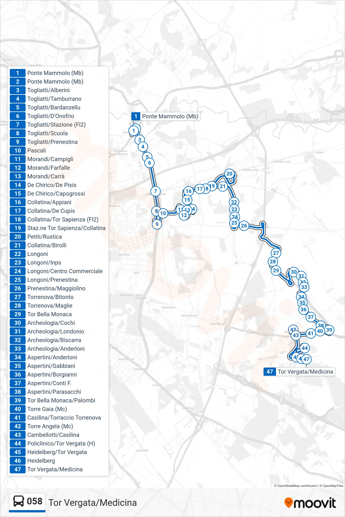 Linea 058 bus (Tor Vergata/Medicina) - Percorsi e fermate sulla mappa