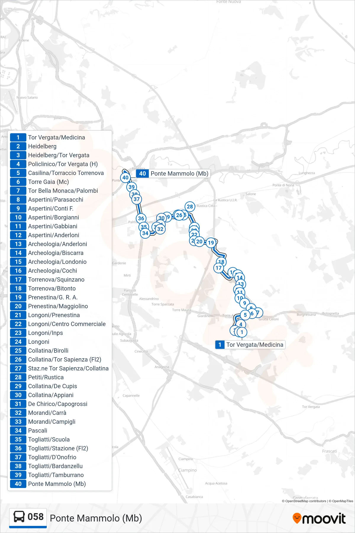 Linea 058 bus (Ponte Mammolo (Mb)) - Percorsi e fermate sulla mappa