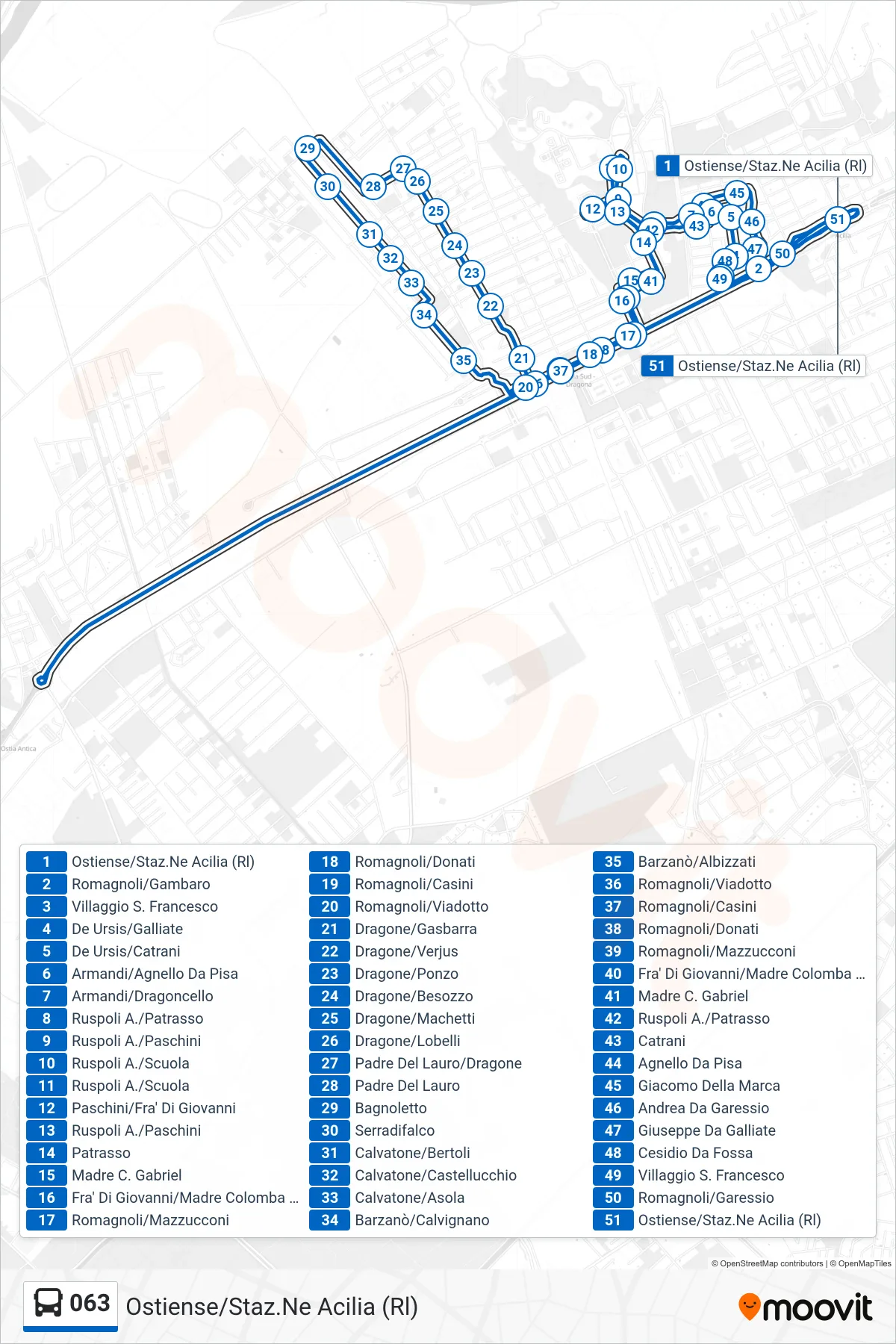 Linea 063  bus (Ostiense/Staz.Ne Acilia (Rl)) - Percorsi e fermate sulla mappa