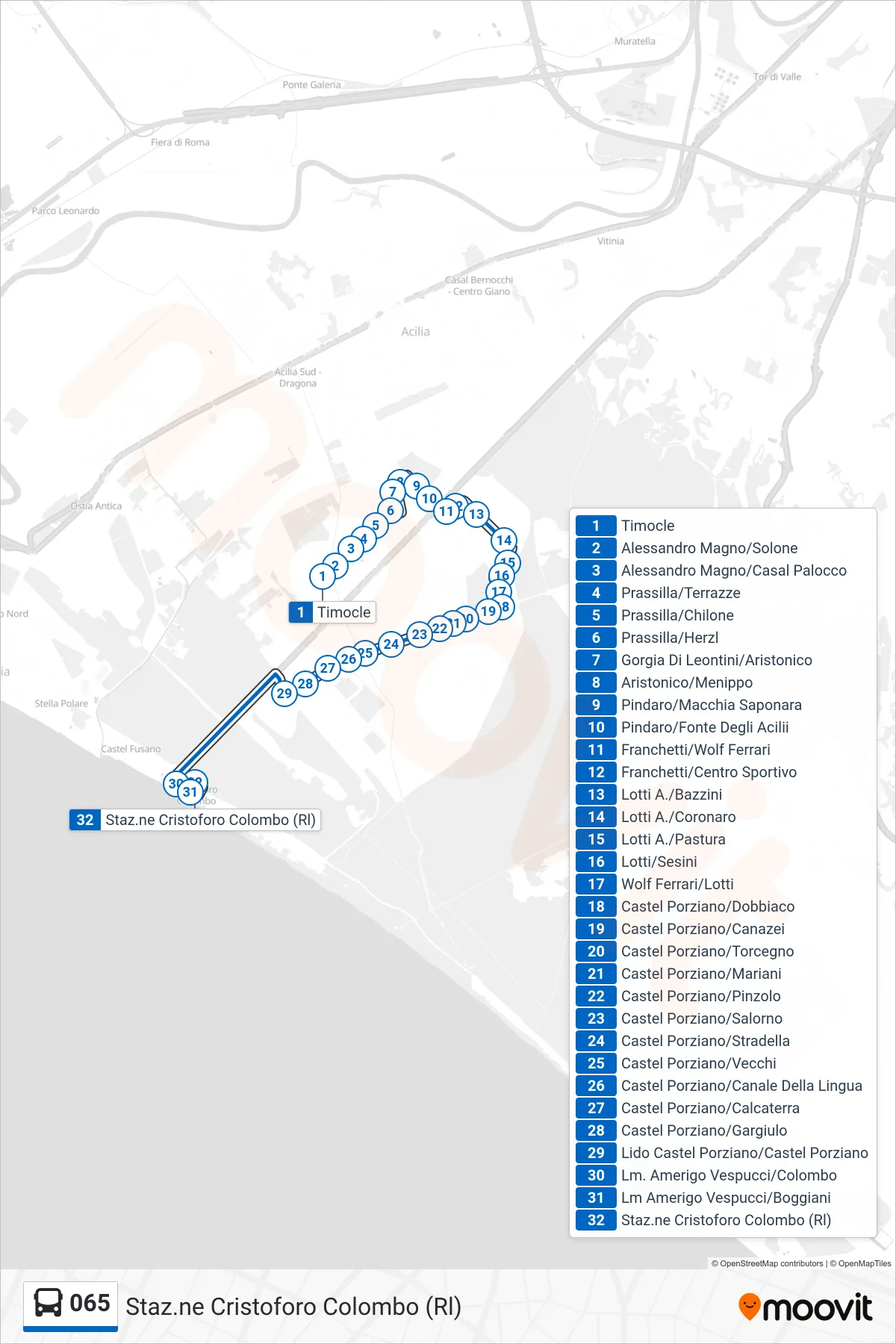 065 bus Line (Cristoforo Colombo Station) route and stops on a map