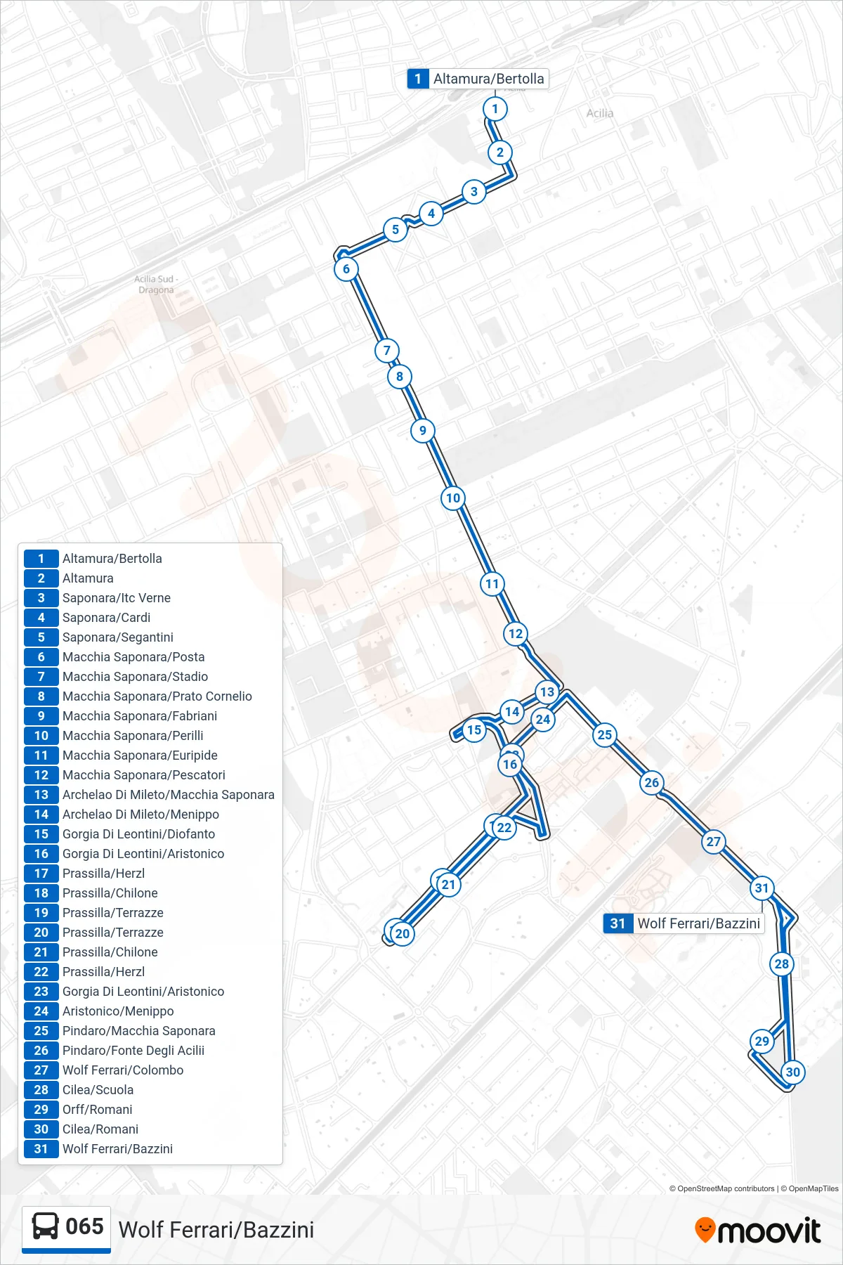 065 bus Line (Wolf Ferrari/Bazzini) route and stops on a map