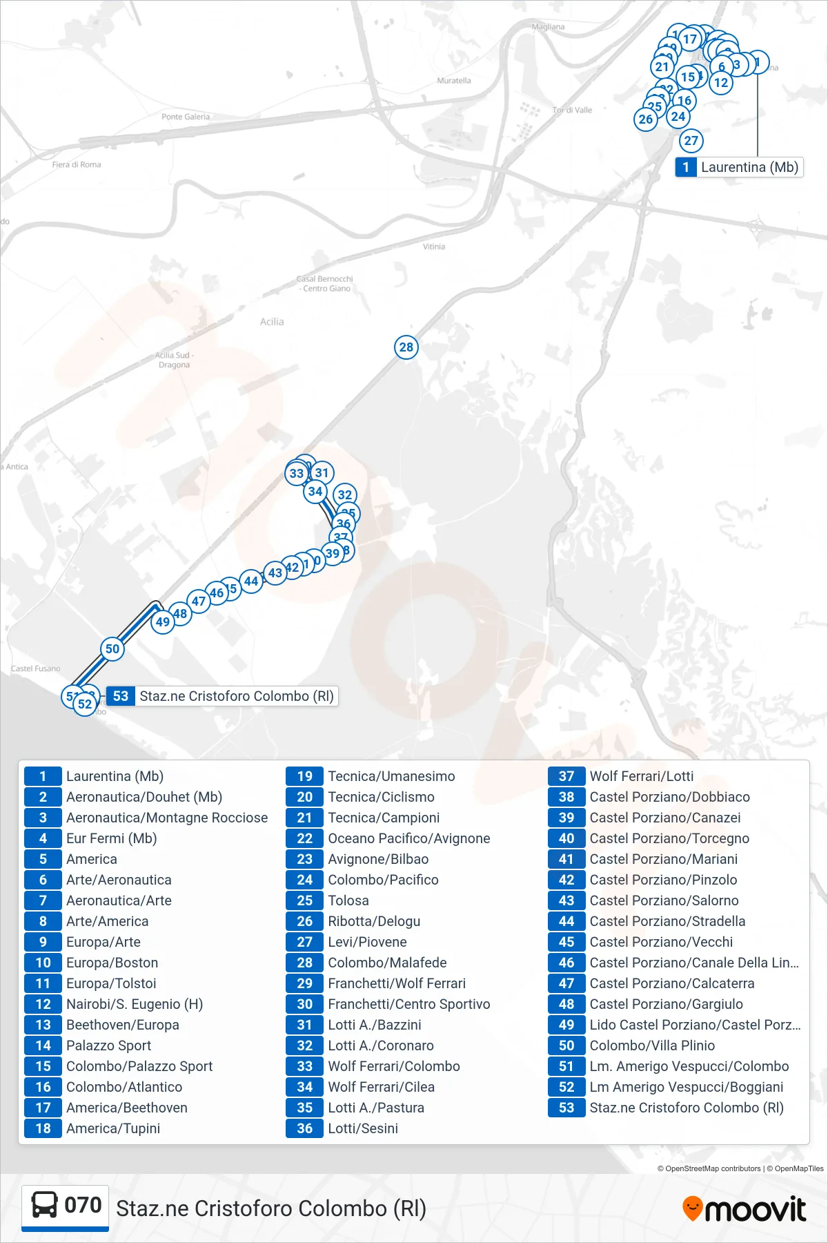 Linea 070 bus (Staz.ne Cristoforo Colombo (Rl)) - Percorsi e fermate sulla mappa