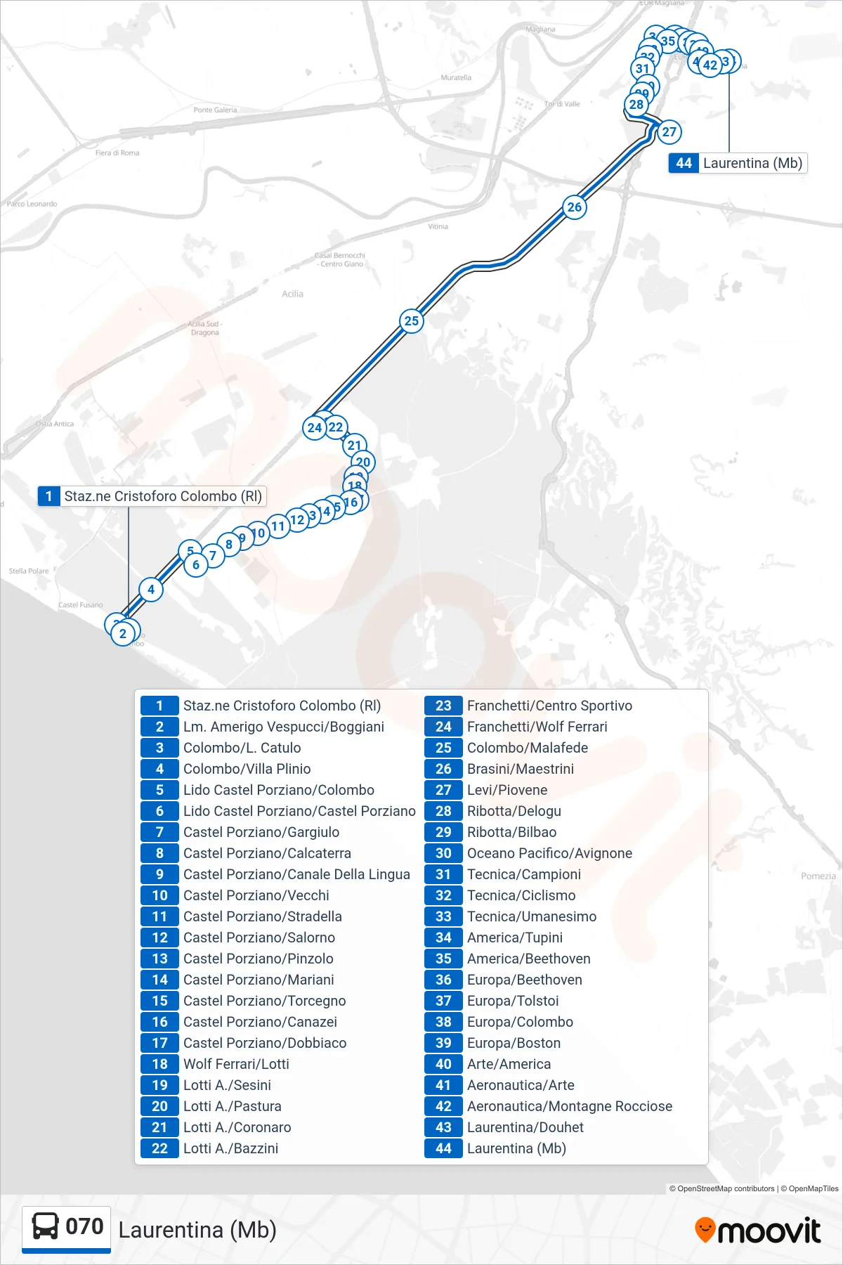 Linea 070 bus (Laurentina (Mb)) - Percorsi e fermate sulla mappa
