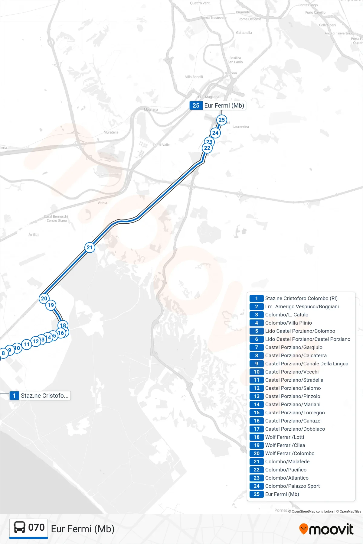 Linea 070 bus (Eur Fermi (Mb)) - Percorsi e fermate sulla mappa